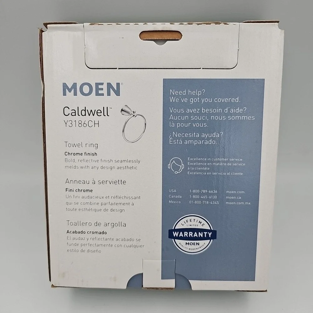 Moen Caldwell Towel Ring Y3186CH Silver Chrome Finish Bathroom‎ Hardware NIB
